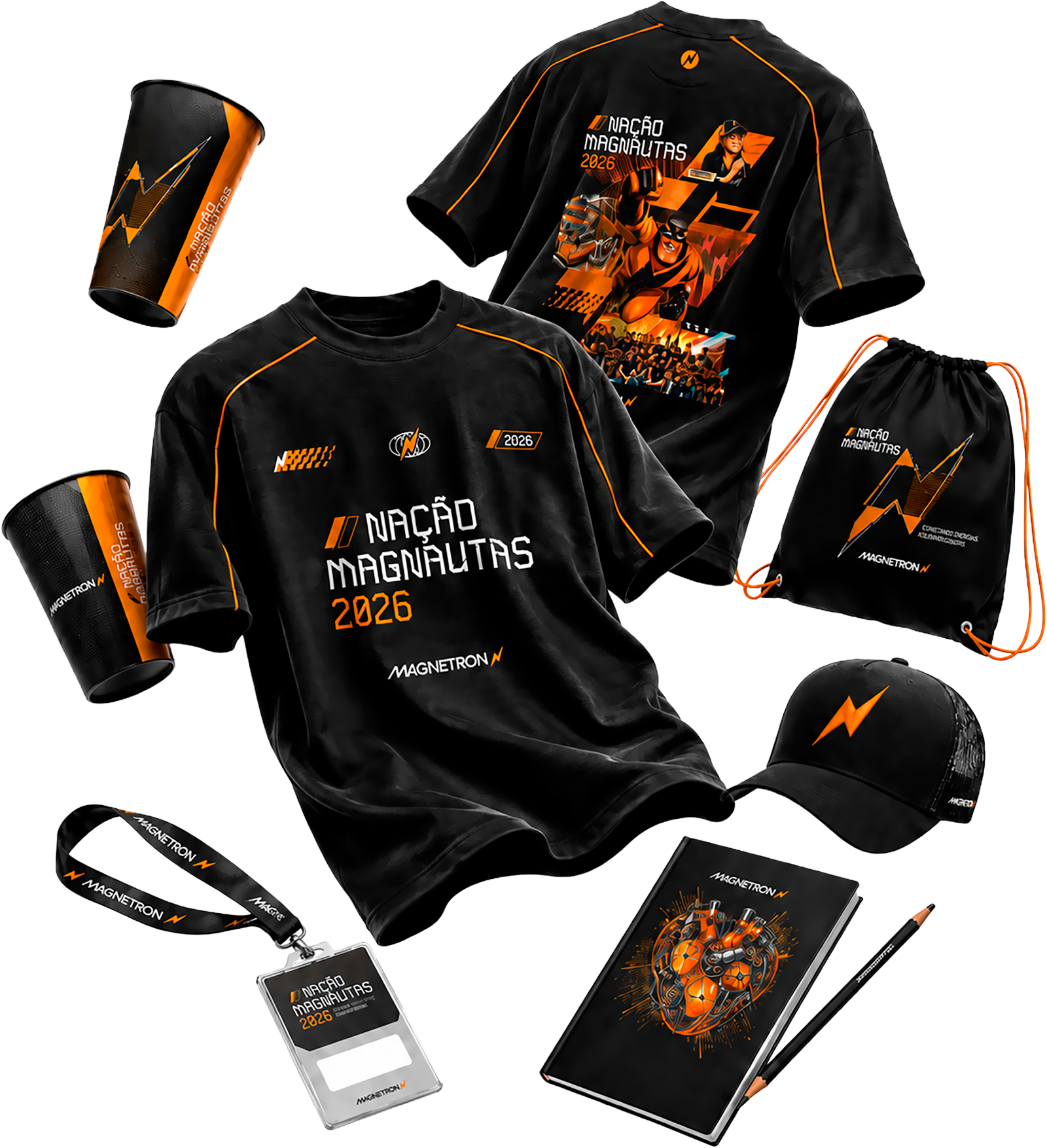 Kit exclusivo do Nação Magnautas com camiseta, boné, mochila, copos e materiais do evento